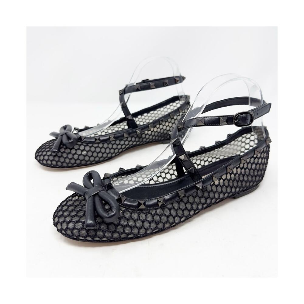 Valentino Rockstud Mesh Bow Ballet Flats Womens Size EU 38.5